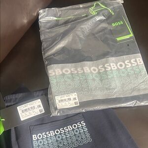 Boss Black and Green T-Shirt with Repeated Logo